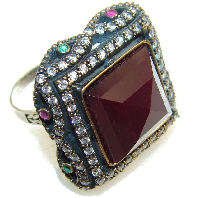 Classy Design!! Deep Red Ruby Sterling Silver ring s. 8 1/4