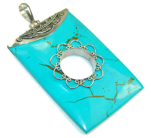 Big! Stylish Blue Turquoise Sterling Silver Pendant