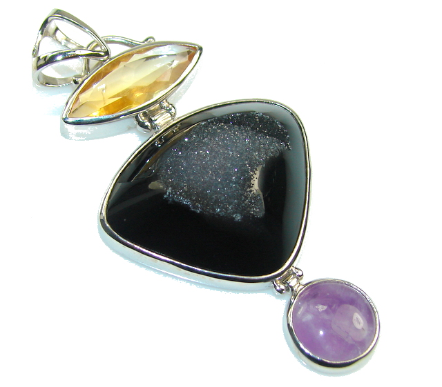 Big! Natural Beauty Black Agate Druzy Sterling Silver Pendant