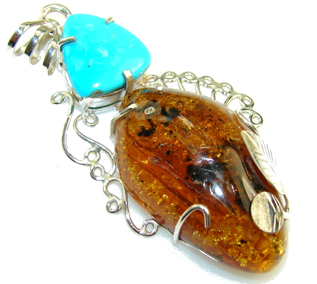 Big! Unique Polish Amber Sterling Silver Pendant