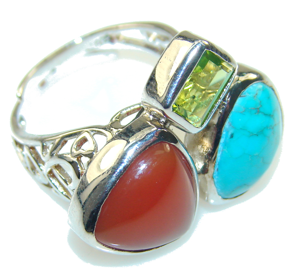 Stylish Turquoise & Carnelian Sterling Silver Ring s. 8 - Adjustable