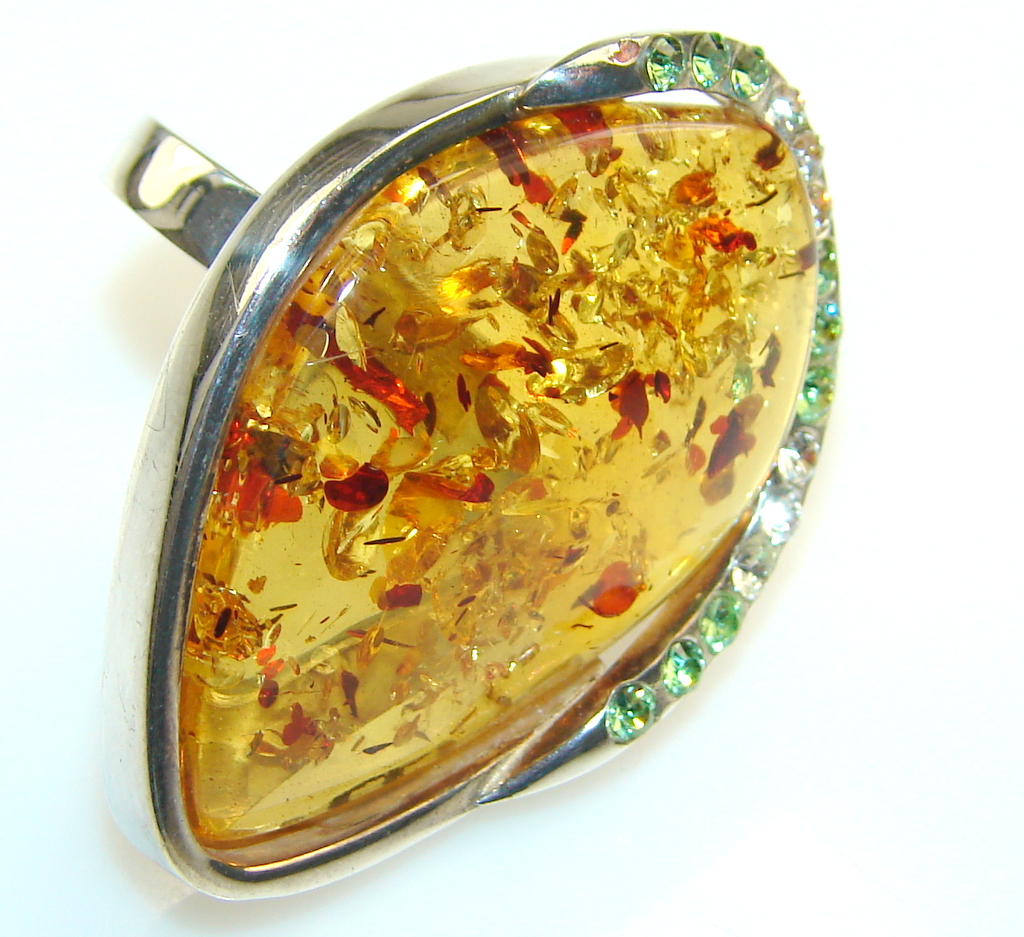 Beautiful Brown Polish Amber Sterling Silver Ring s. 7 - Adjustable