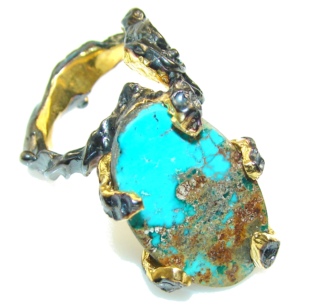 Amazing 24ct. Gold & Black Rodium Plated Turquoise Sterling Silver Ring s. 6