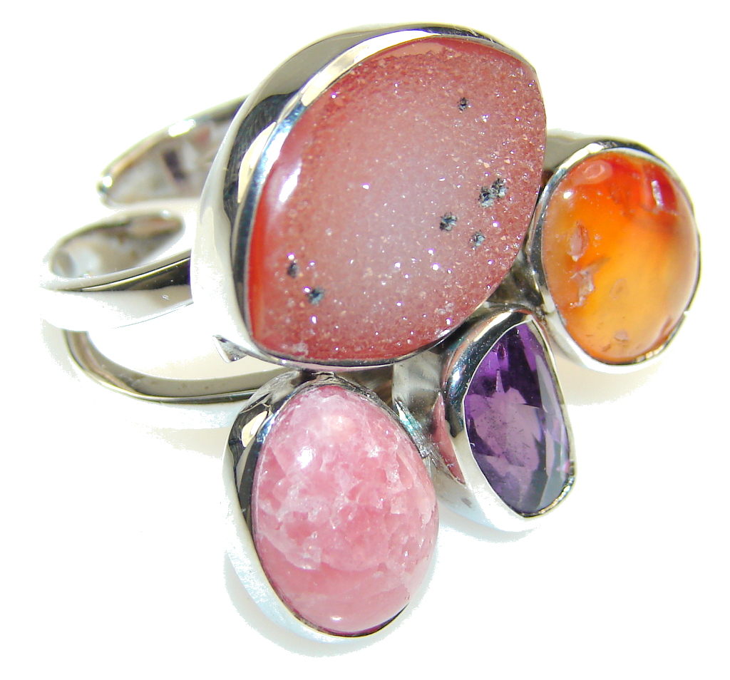 Aura Of Beauty Agate Druzy Sterling Silver Ring s. 8 - Adjustable