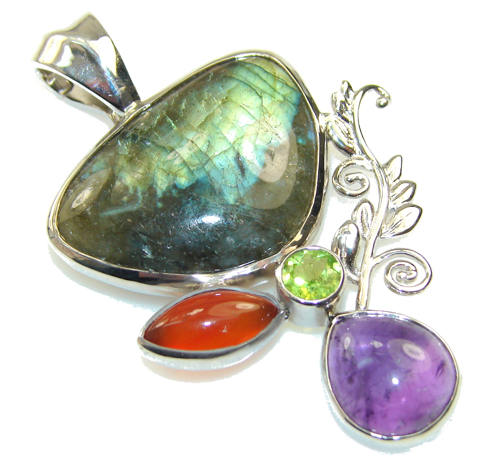 Natural Beauty! Fire Labradorite Sterling Silver Pendant