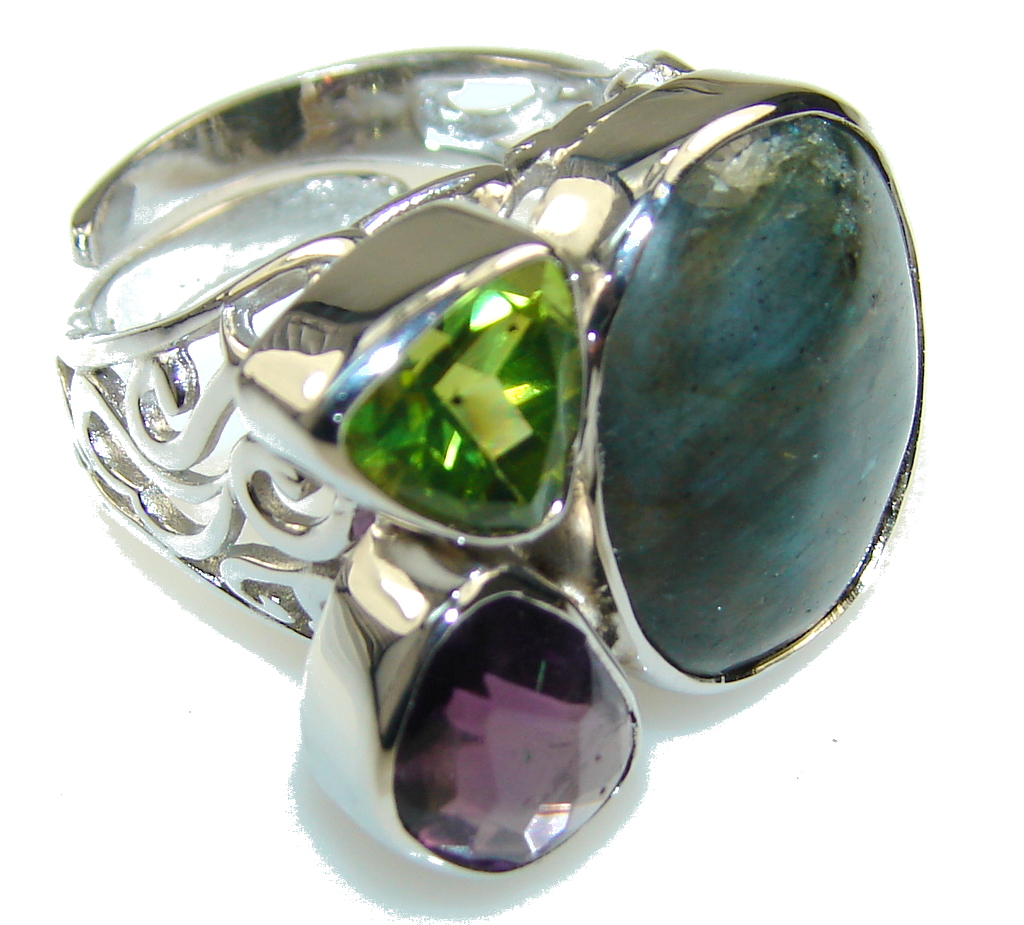 Excellent Fire Labradorite Sterling Silver ring s. 8 - Adjustable