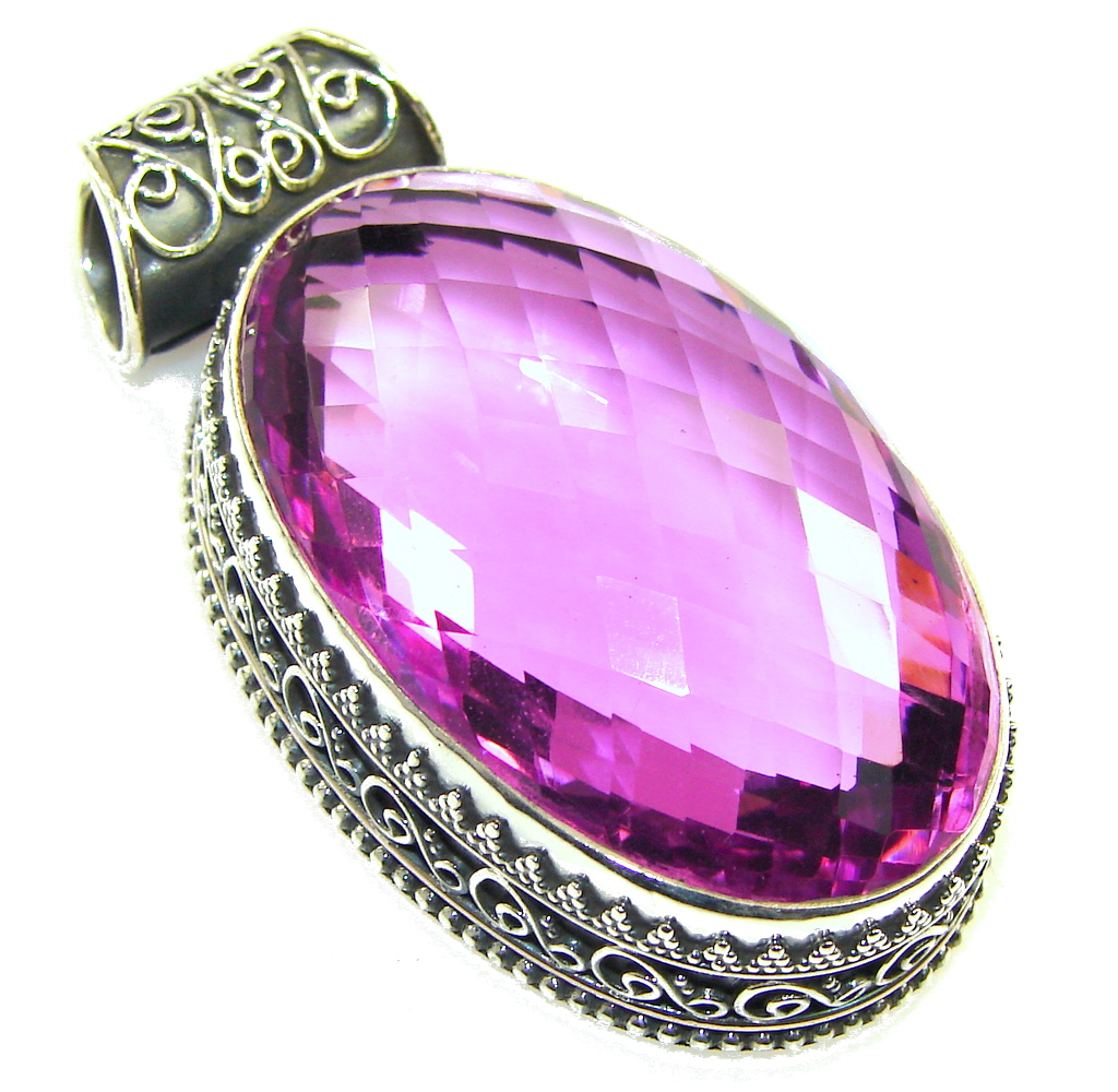 Large! Created Pink Sapphire Stering Silver Pendant