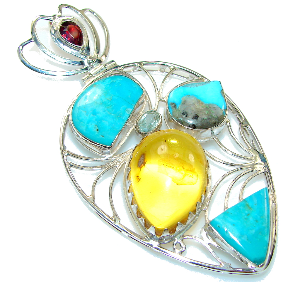 Large! Polish Amber & Turquoise Sterling Silver Pendant