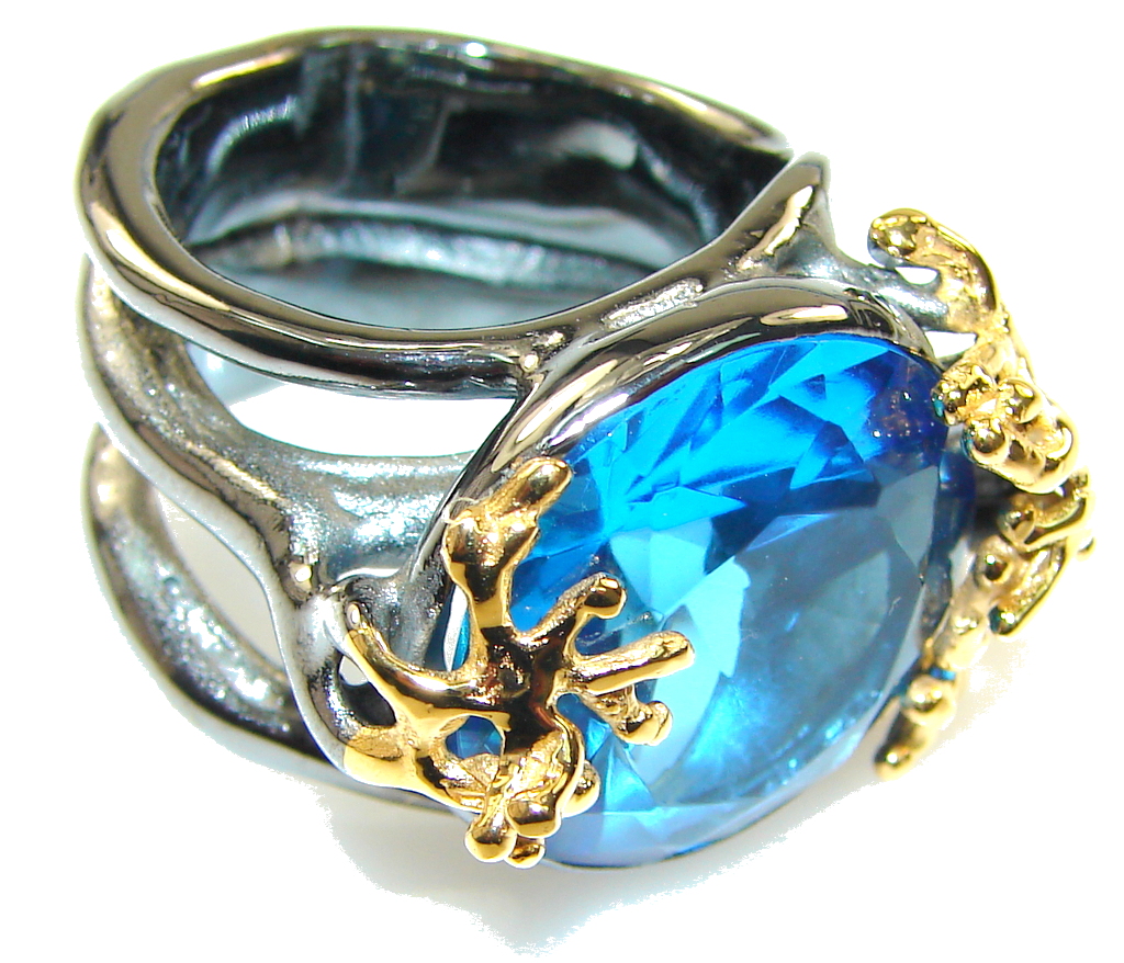 Italy Made,Rhodium Plated, 18ct Gold Plated London Blue Topaz Sterling Silver Ring s. 6 1/2