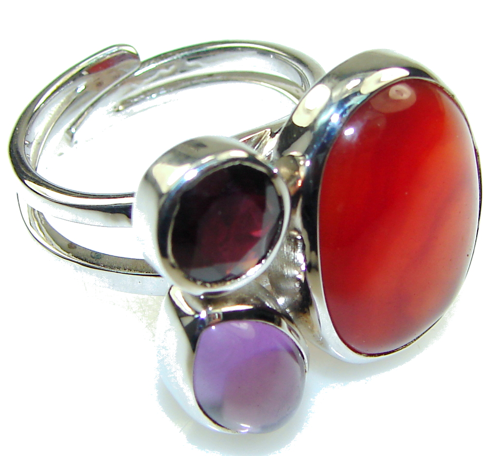 Amazing Design Red Carnelian Sterling Silver ring s. 9- adjustable