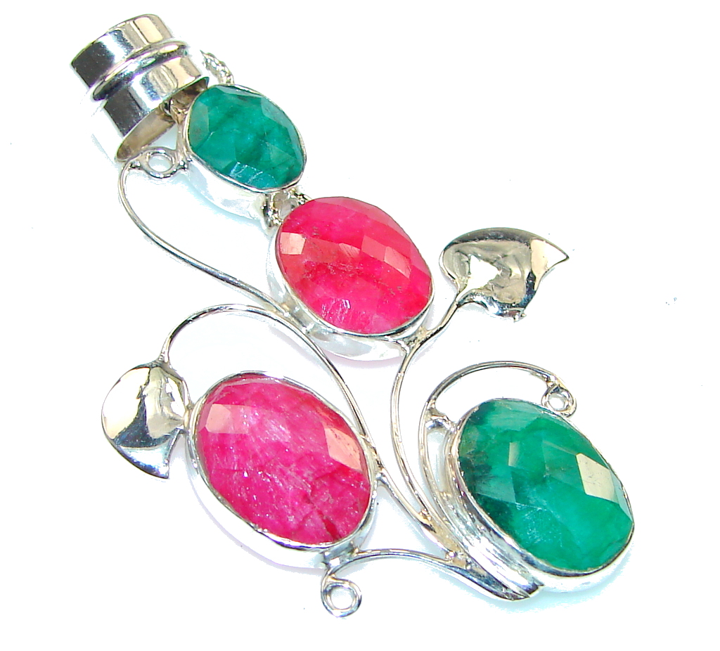 Amazing Pink Ruby & Emerald Sterling Silver Pendant