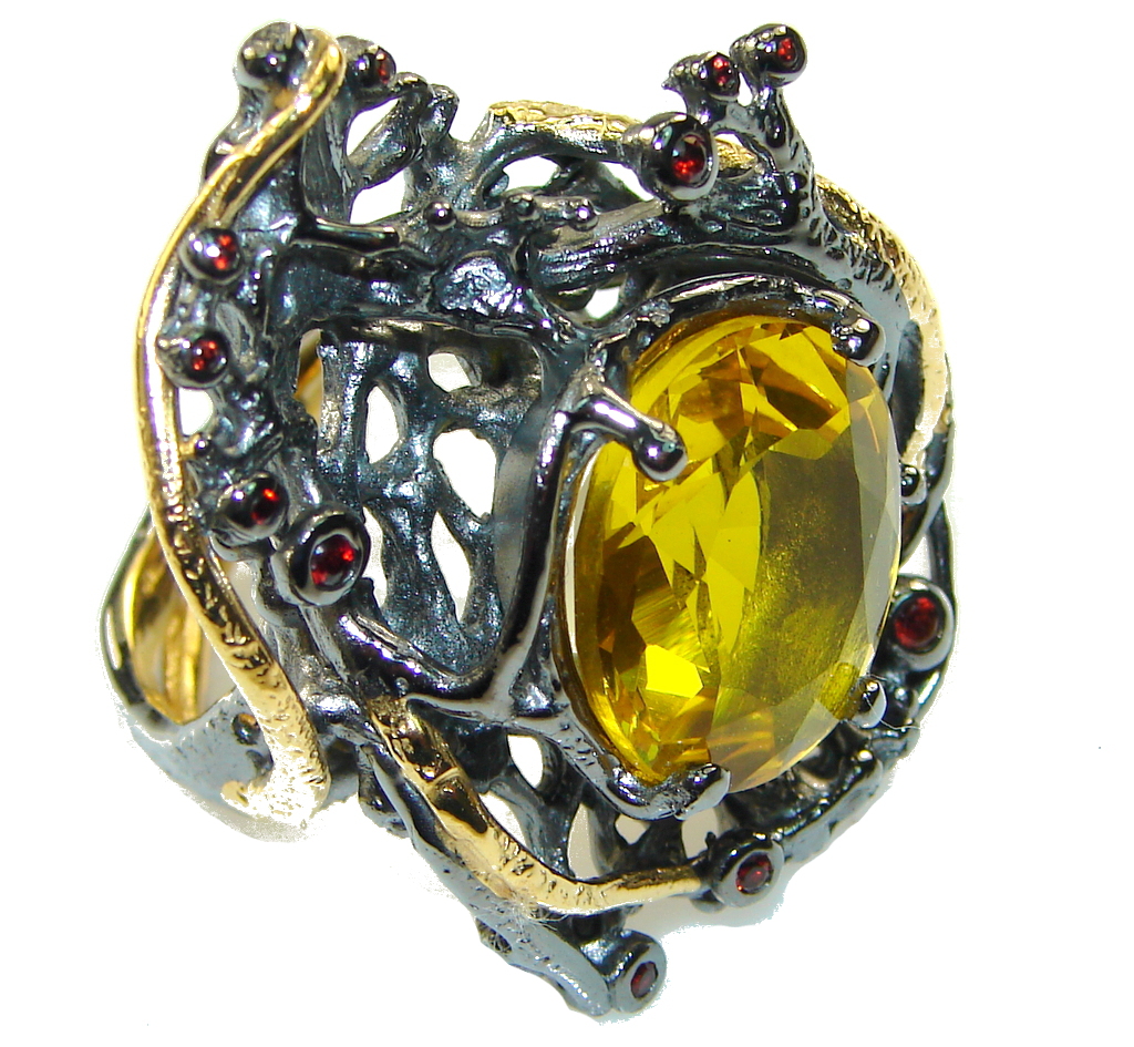 Italy Made,Rhodium Plated, 18ct Gold Plated Yellow Citrine Sterling Silver Ring s. 9