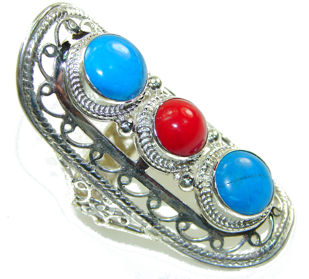 Big! Stylish Turquoise & Coral Sterling Silver Ring s. 10