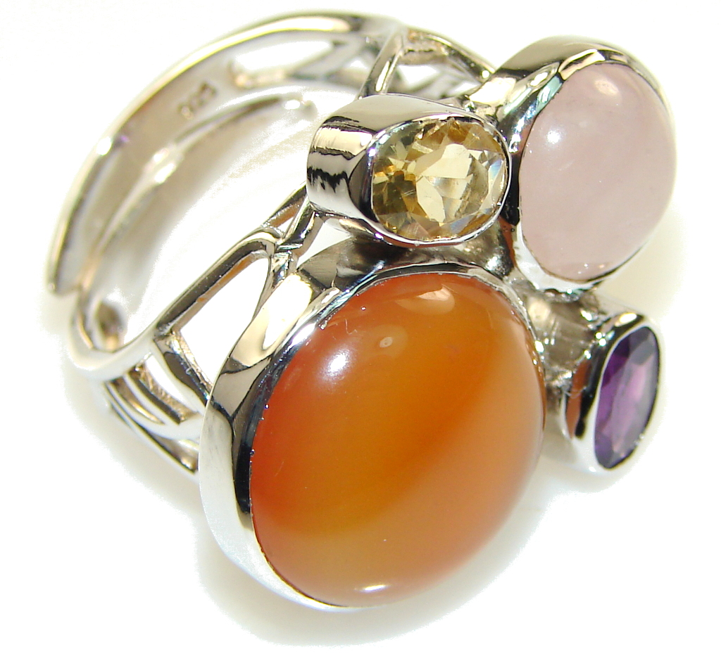 Amazing Design! Carnelian Sterling Silver ring s. 7 - adjustable