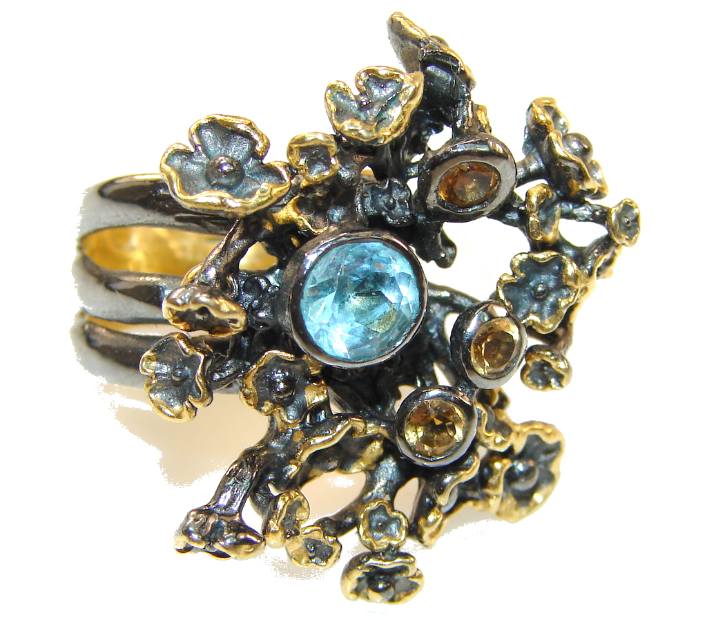 Italy Made,Rhodium Plated, 18ct Gold Plated Swiss Blue Topaz Sterling Silver Ring s. 7