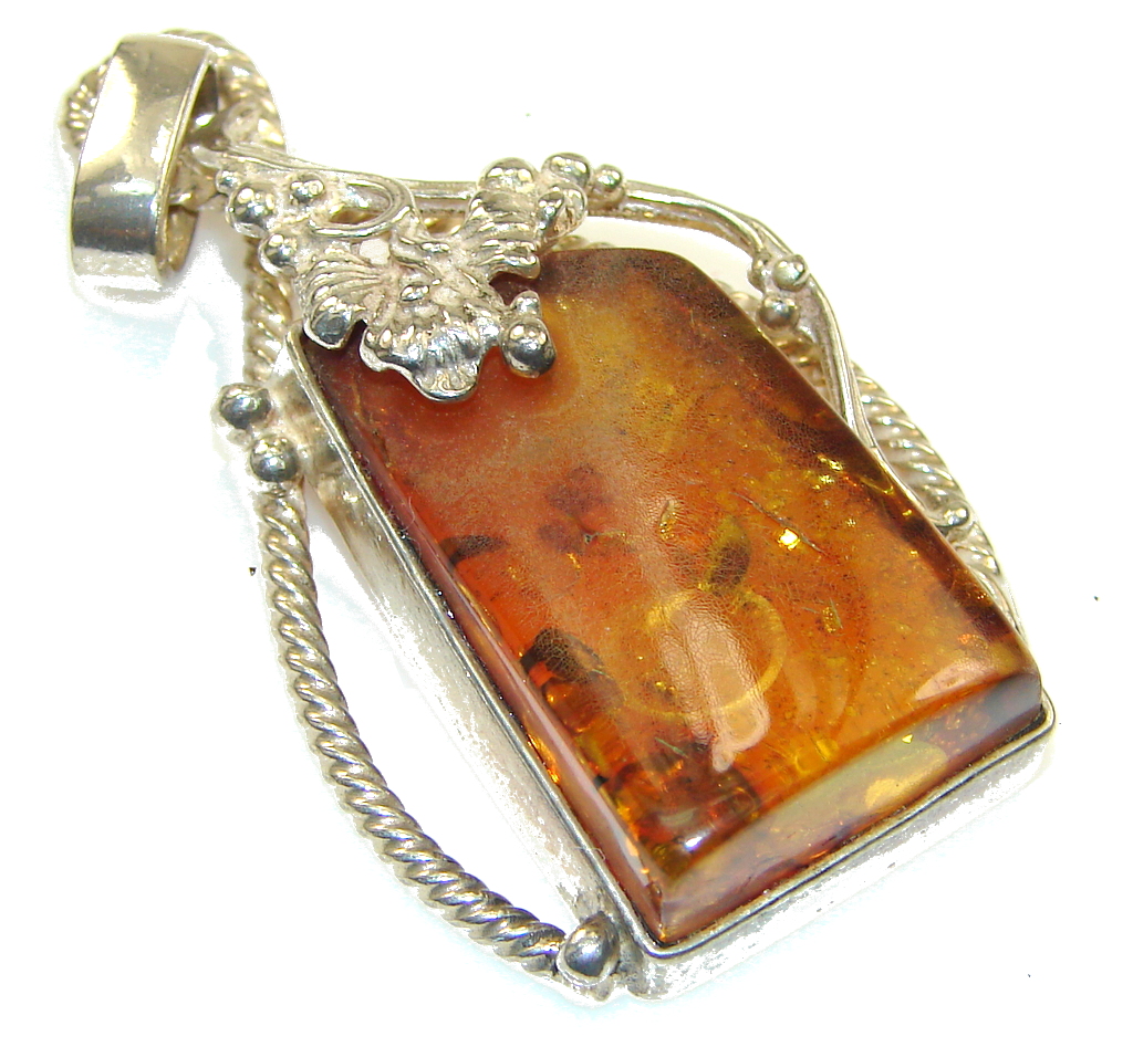 Classy Brown Polish Amber Sterling Silver Pendant