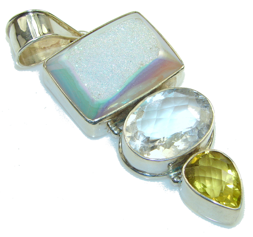 Big!! Fabulous White Druzy Sterling Silver Pendant