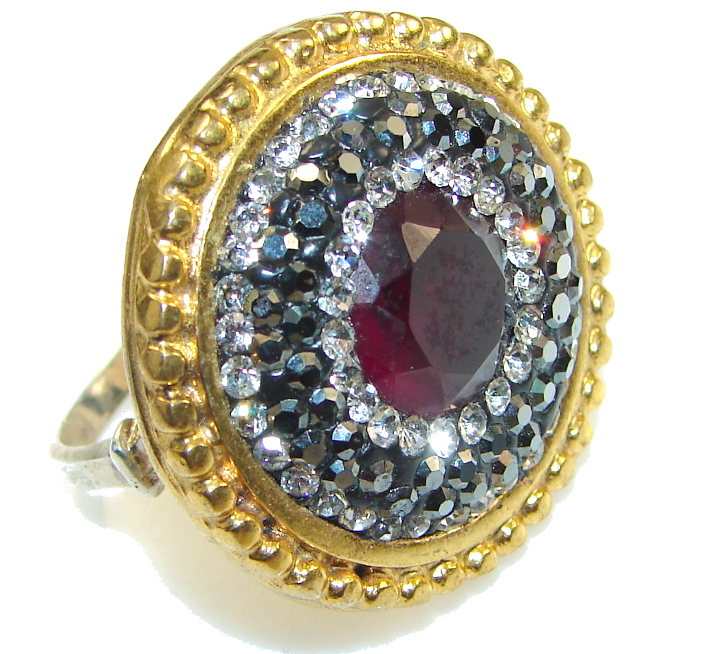 Turkish Design!! Deep Red Ruby Two Tones Sterling Silver ring s. 7