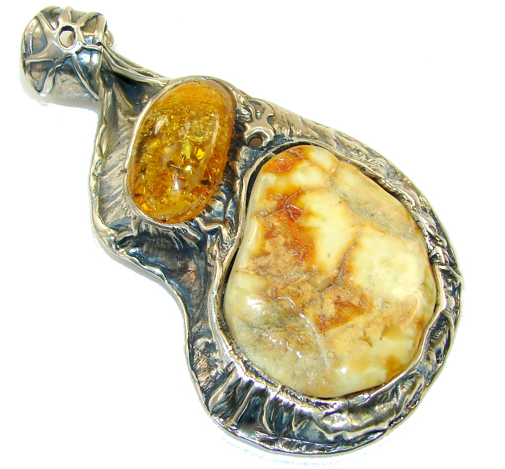 Big! Stylish Design!! Amber Sterling Silver Pendant