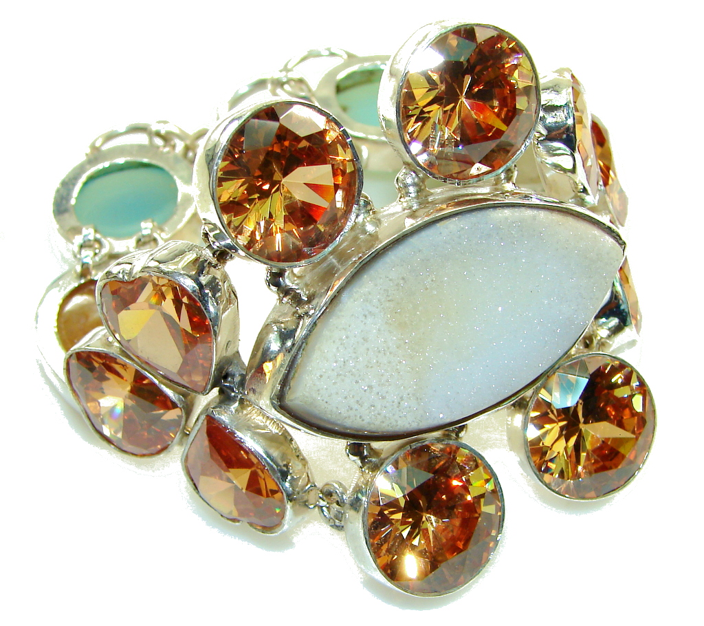 Large! Evening Dew! Agate Druzy Sterling Silver Bracelet