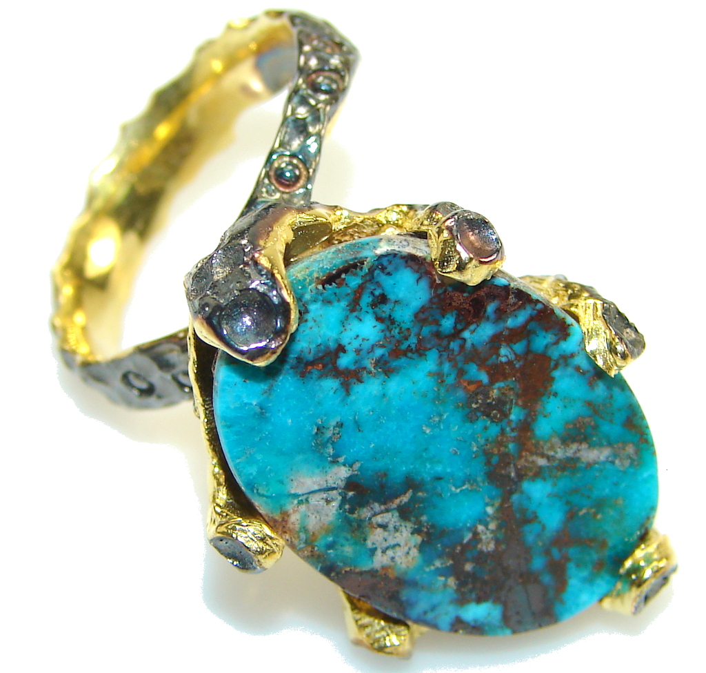 Vintage Design!! Gold Plated, Rhodium Plated Italy Made Turquoise Sterling Silver Ring s. 8 1/4