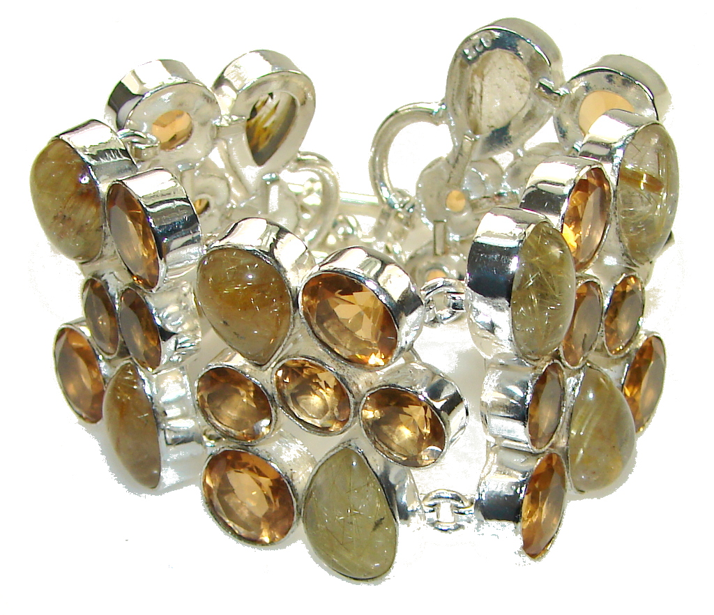 Fancy Quality!! Golden Rutilated Quartz Sterling Silver Bracelet