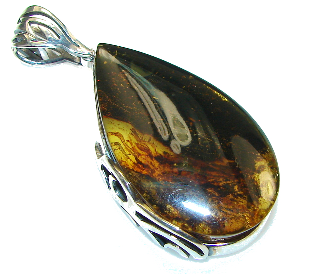 Goth Love!! Brown Polish Amber Sterling Silver Pendant
