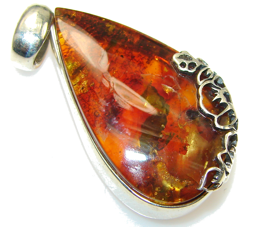 Amazing Brown Polish Amber Sterling Silver Pendant