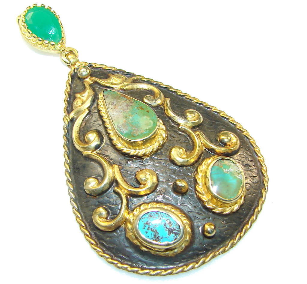Large! New Secret Design!! Turquoise, Two Tones Sterling Silver Pendant
