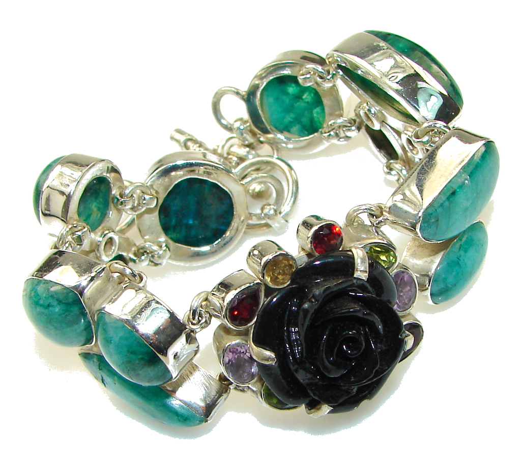 New Awesome Design!! Black Onyx, Green Moonstone Sterling Silver Bracelet