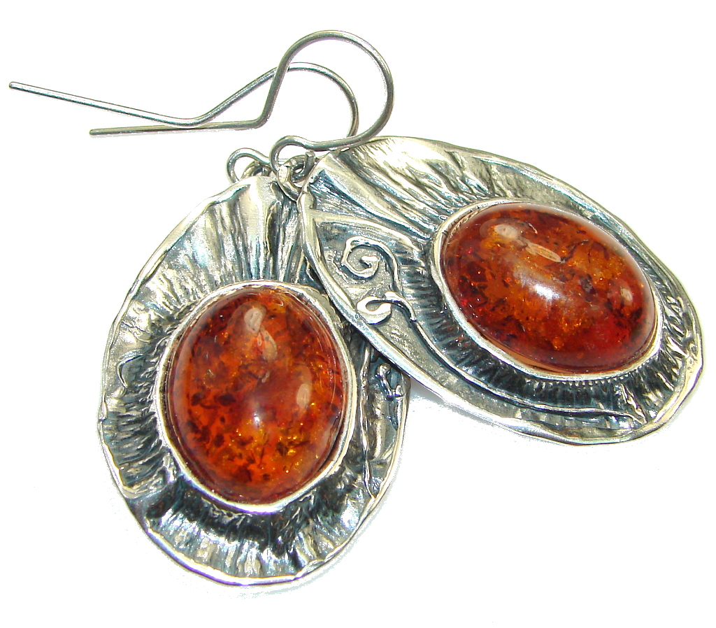 Stylish Design!! Brown Amber Sterling Silver earrings