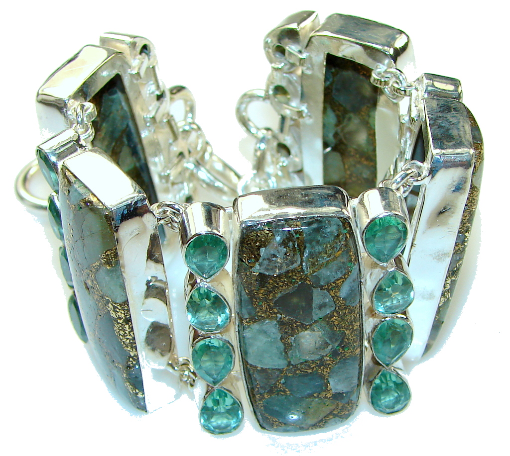 Amazing! Crashed Copper Blue Aquamarine Sterling Silver Bracelet