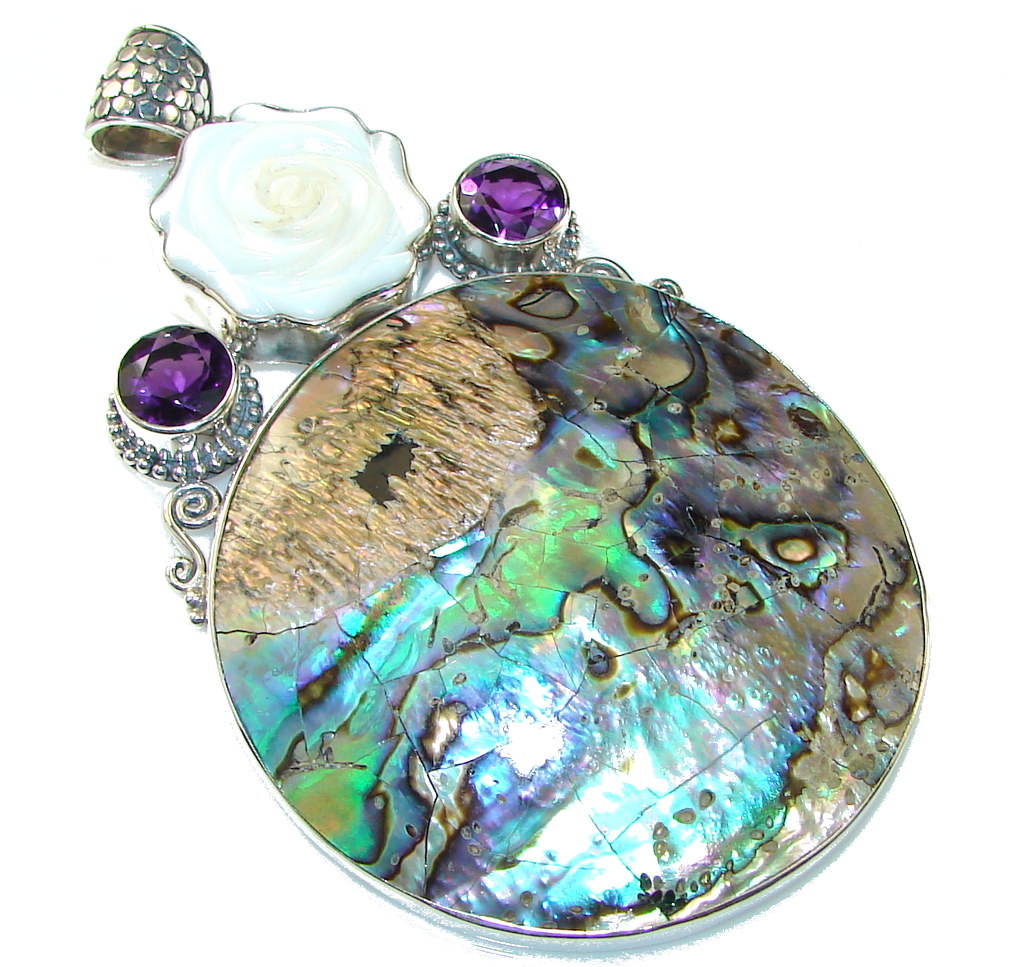Giant!! Beautiful Rainbow Abalone Sterling Silver Pendant