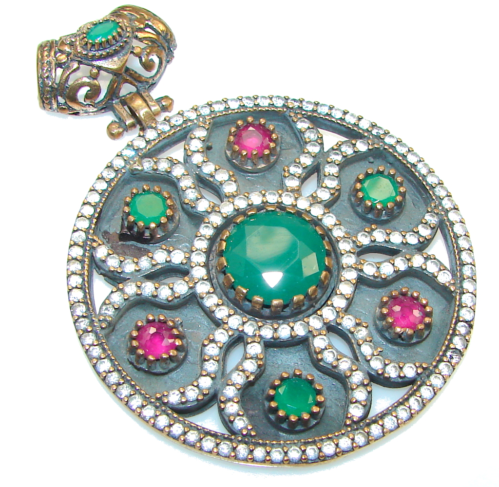 Victorian Style!! Green Emerald Sterling Silver Pendant