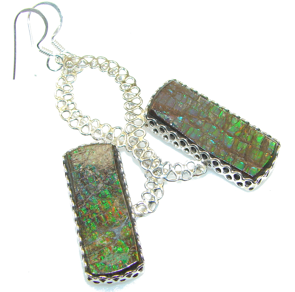 Natural Green Ammolite Sterling Silver earrings / Long
