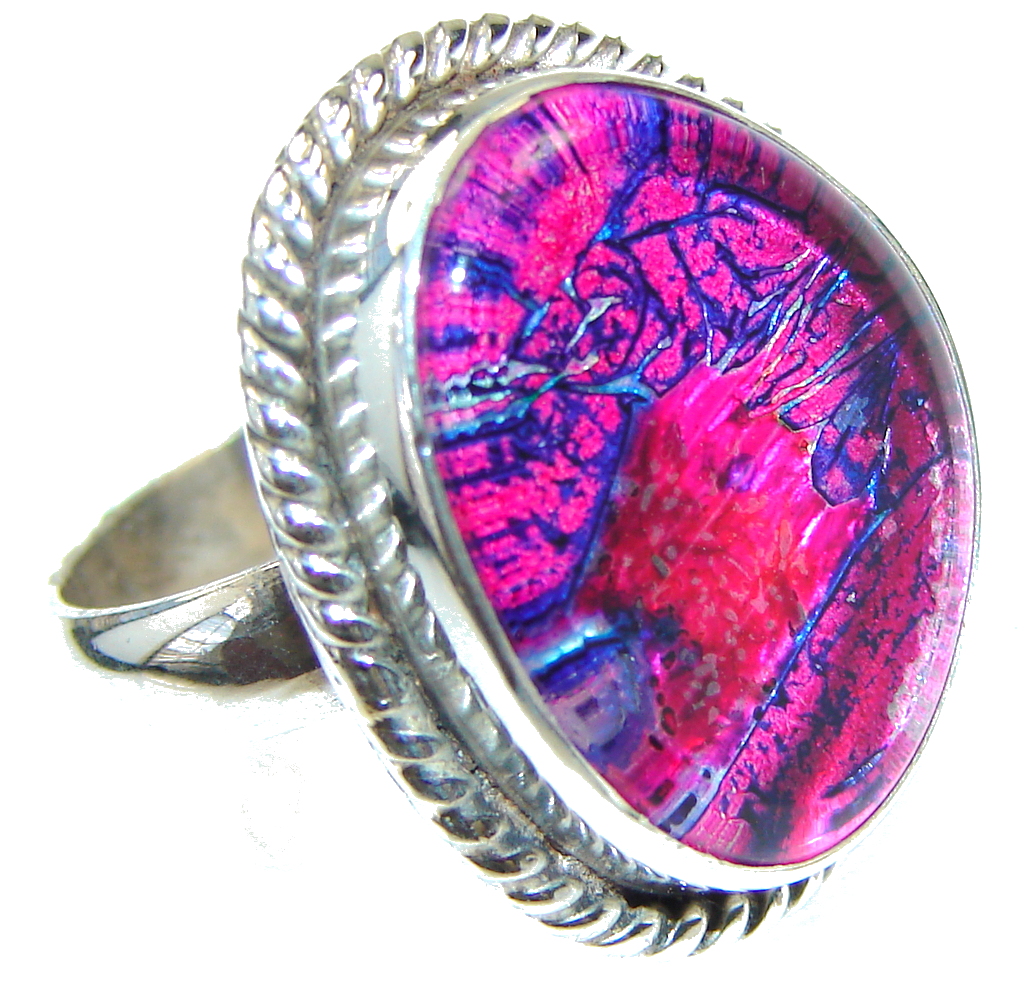 Excellent!! Pink Dichroic Glass Sterling Silver ring s. 8 1/2