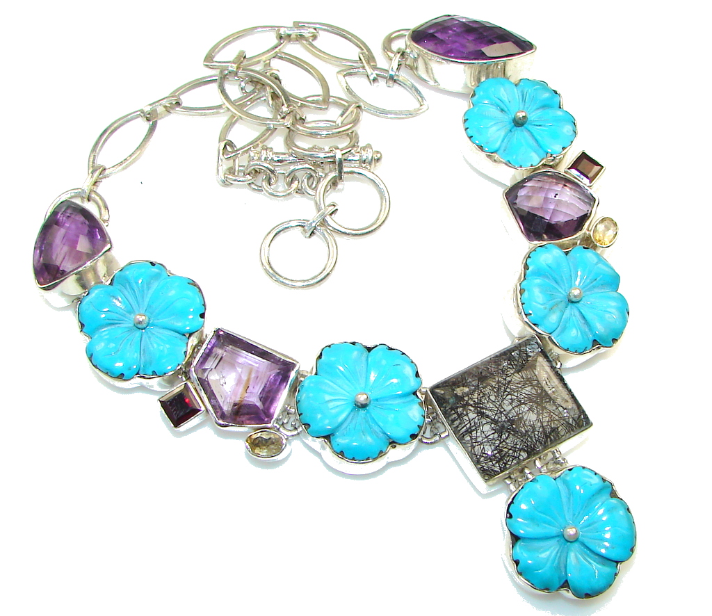 Summer Design Carved Turquoise Sterling Silver Necklace