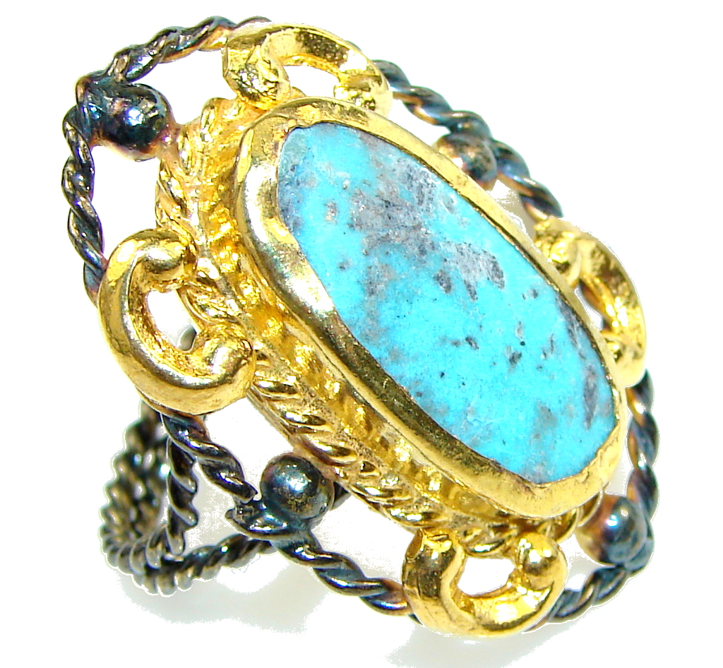 Amazing Blue Turquoise, Gold Plated, Rhodium Plated Sterling Silver Ring s. 7 - Adjustable