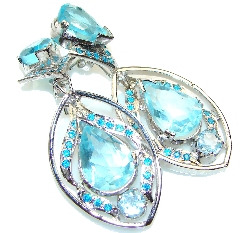Large Brazilian Sea!! Swiss Blue Topaz Sterling Silver earrings