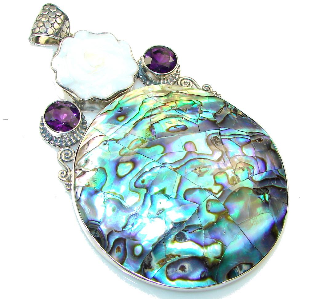 Giant!! Amazing Rainbow Abalone Sterling Silver Pendant