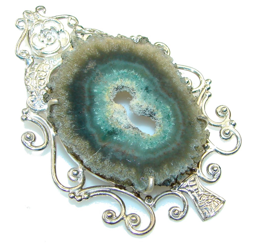 Classy! Green Agate Druzy Sterling Silver Pendant