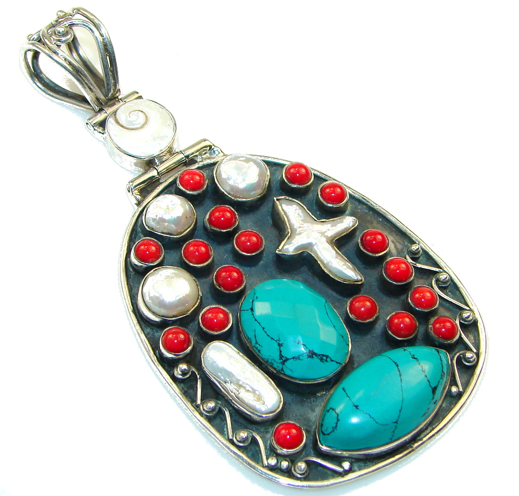 Huge!! Fashion Design! Blue Turquoise Sterling Silver Pendant