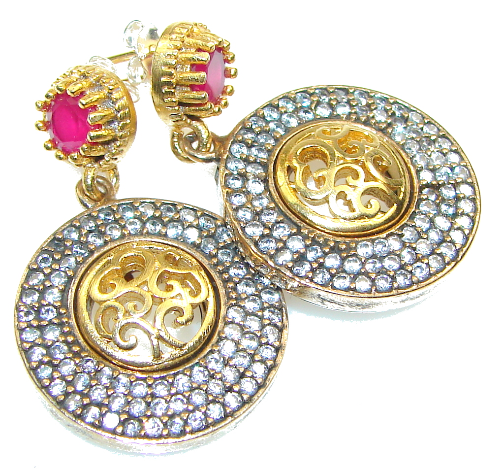 So In Love!! White Topaz, Pink Ruby, Gold Plated Sterling Silver earrings