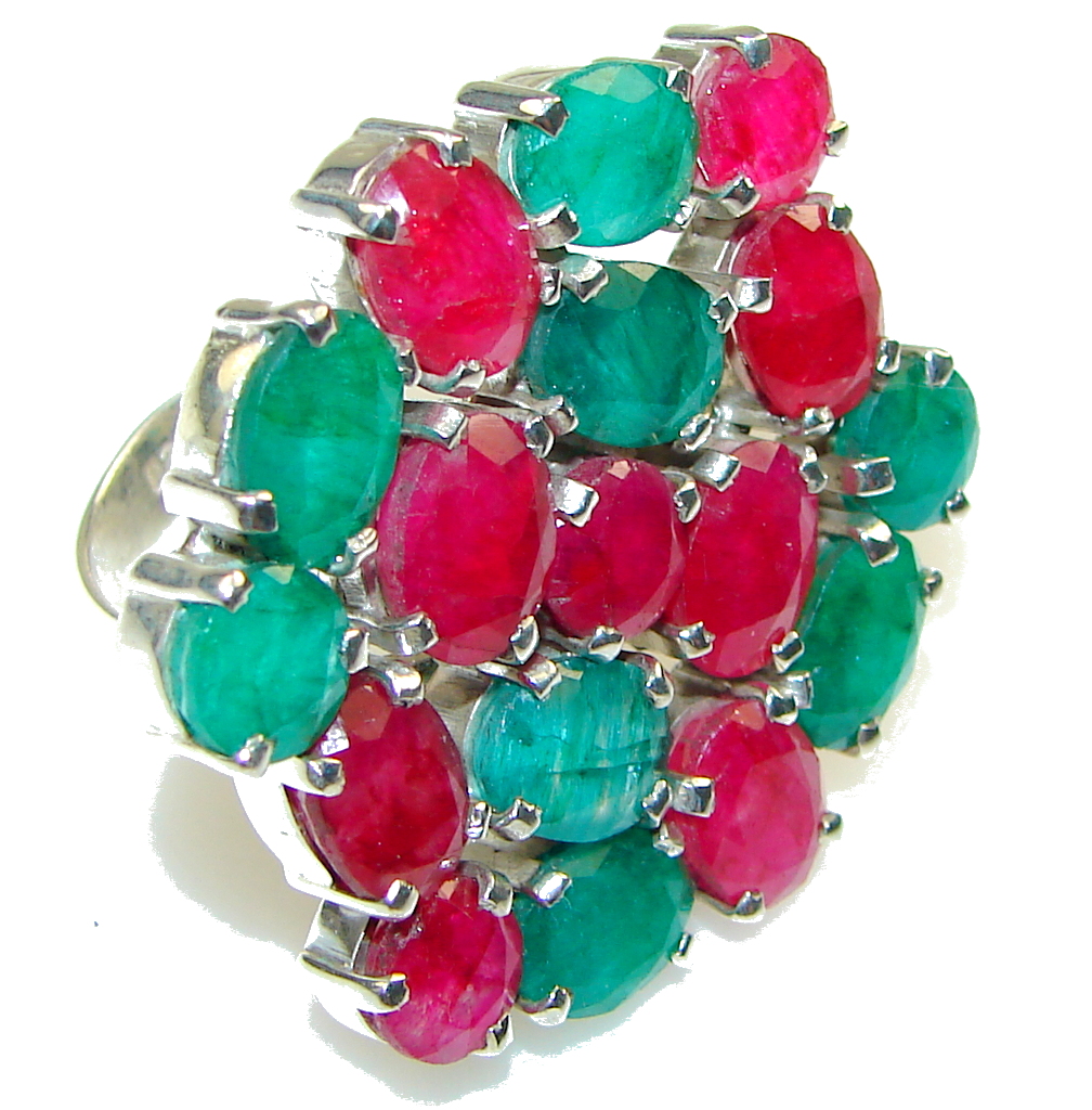 Halo Of Beauty!! Pink Ruby, Green Emerald Sterling Silver ring s. 8 1/4