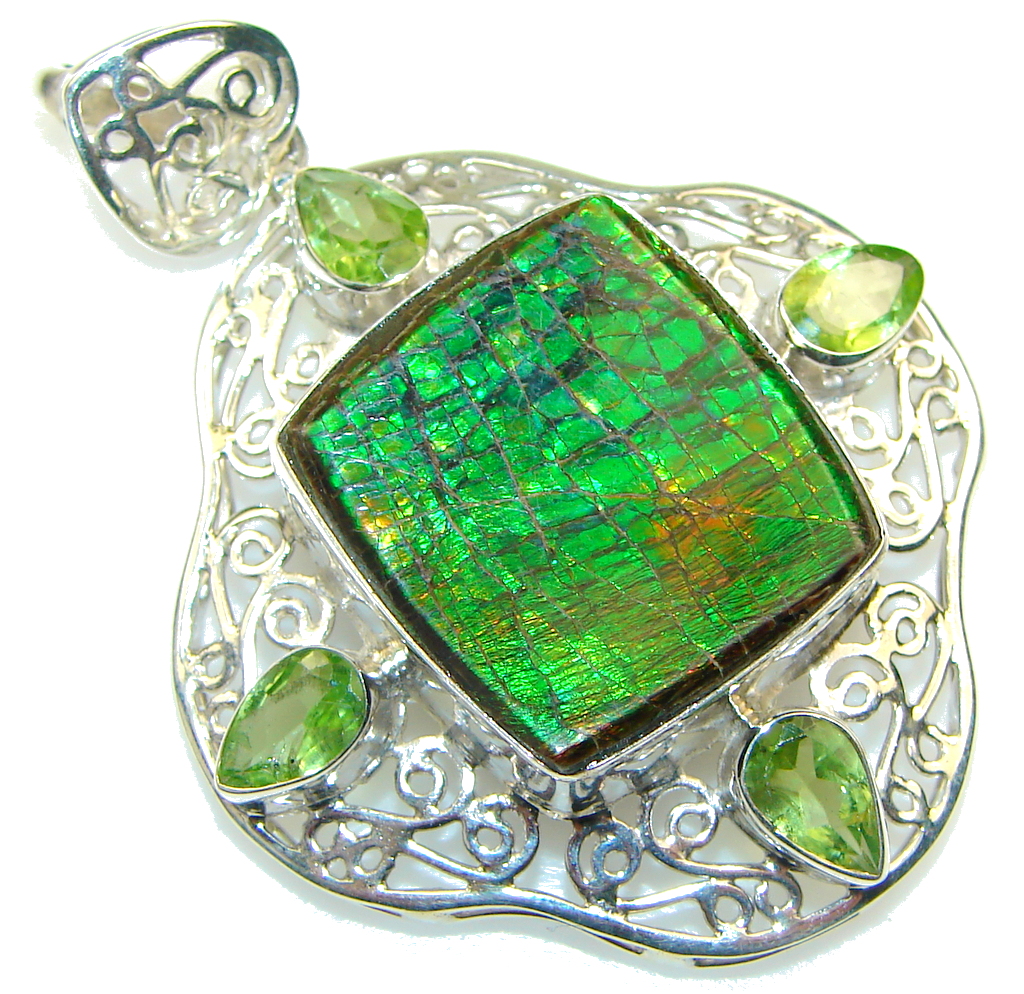 Beautiful! Natural Green Ammolite Sterling Silver Pendant