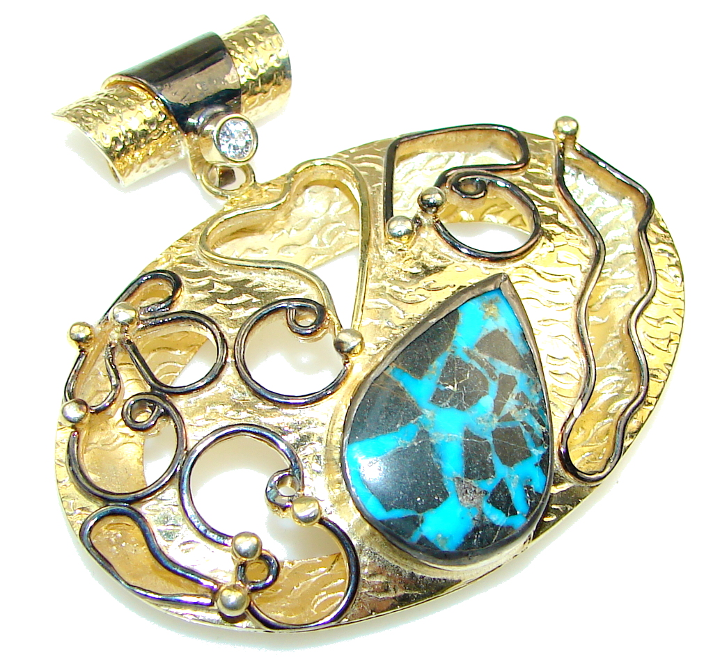 Love's Victory! Blue Turquoise, Gold Plated Sterling Silver Pendant