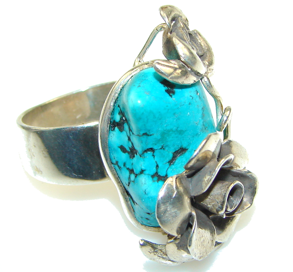 Fashion! Illusion Floral, Blue Turquoise Sterling Silver Ring s. 9- Adjustable