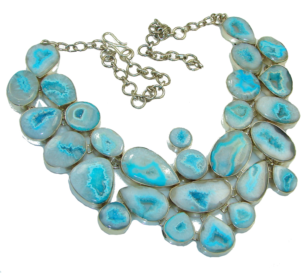 Large! Stylish Blue Druzy Agate Sterling Silver necklace