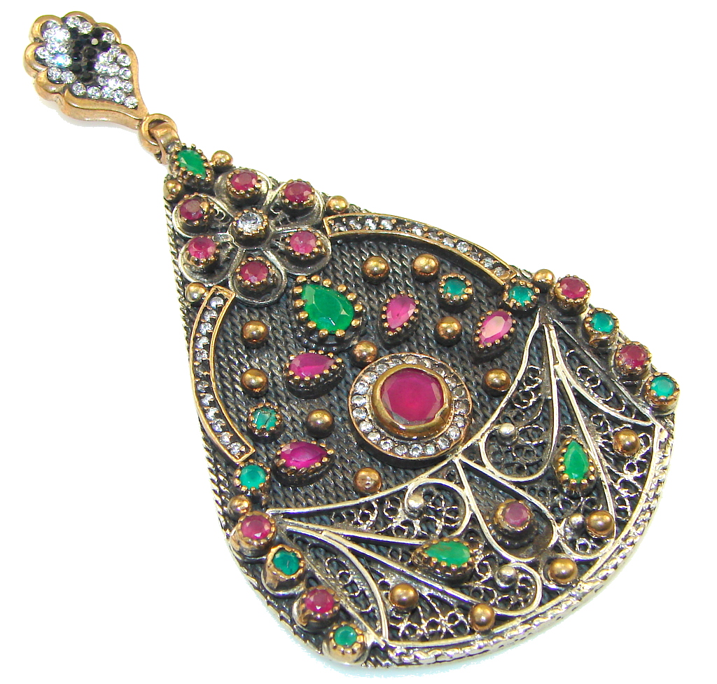 Giant!! Victorian Style! Pink Ruby Sterling Silver Pendant