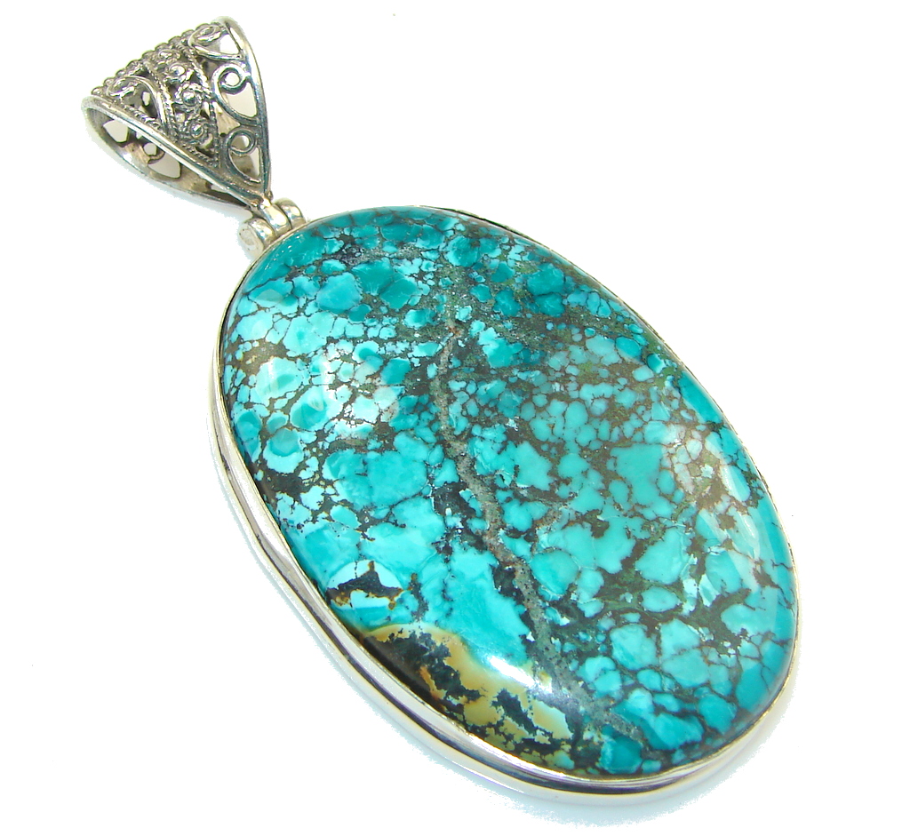 Big!! China Mountain A-Grade Blue with Extra Fine Spiderweb Turquoise Sterling Silver Pendant